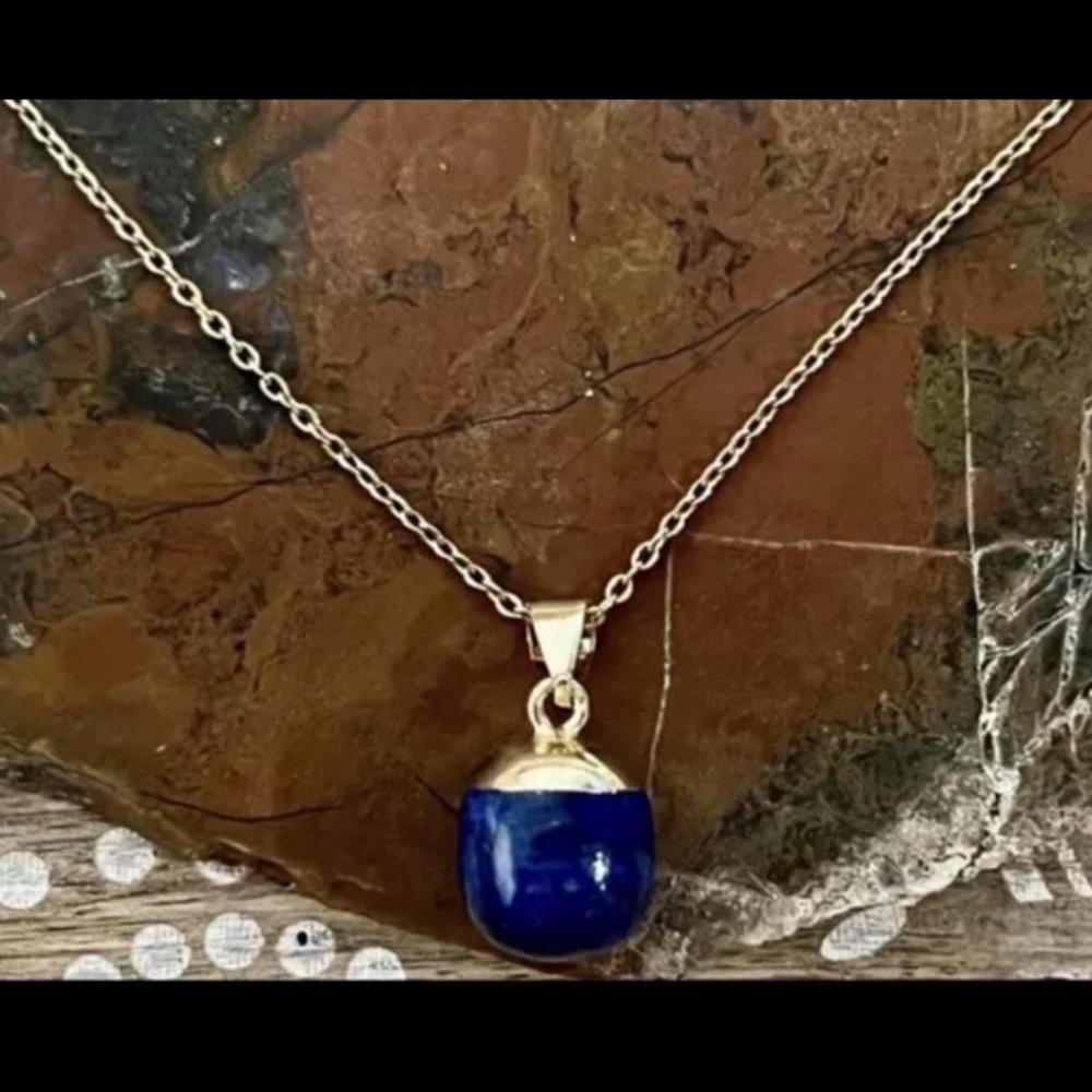 Pretty Lapis Lazuli Pendant With 18 Karat Gold Plated Stainless Chain Necklace